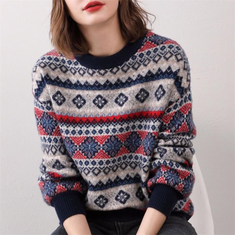 suntek冬费尔岛复古花色毛衫女宽松针织衫中款提花加厚衫条纹毛衣毛衣