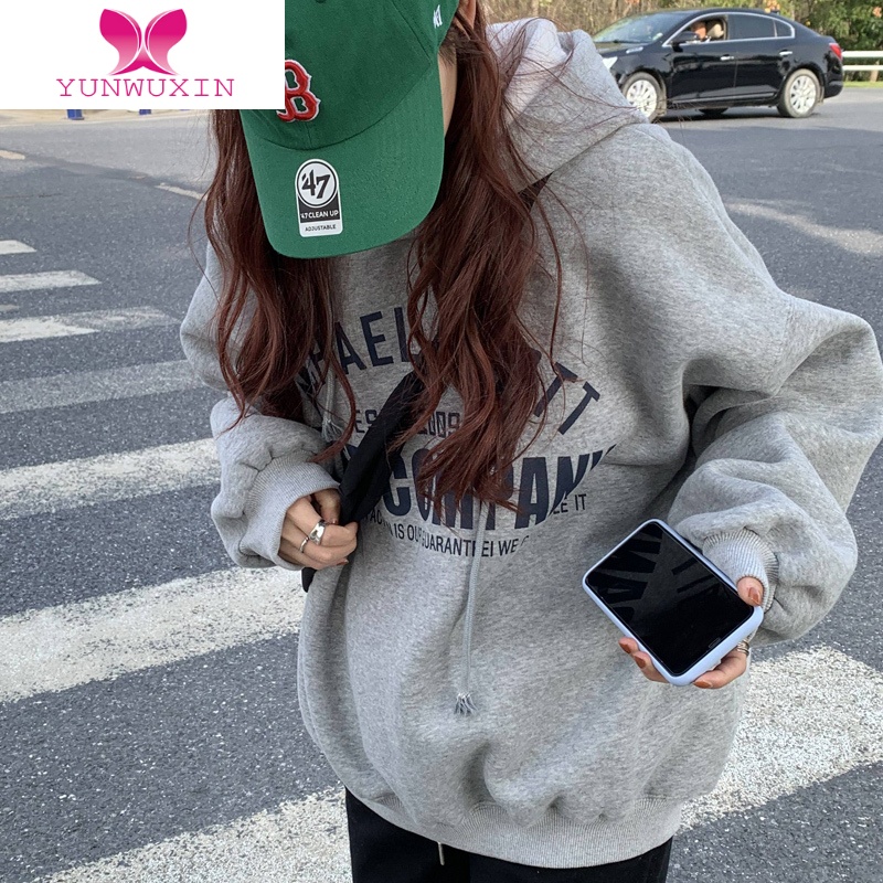 YUNWUXIN2022年新款韩版oversize连帽灰色卫衣女宽松外套bf慵懒风