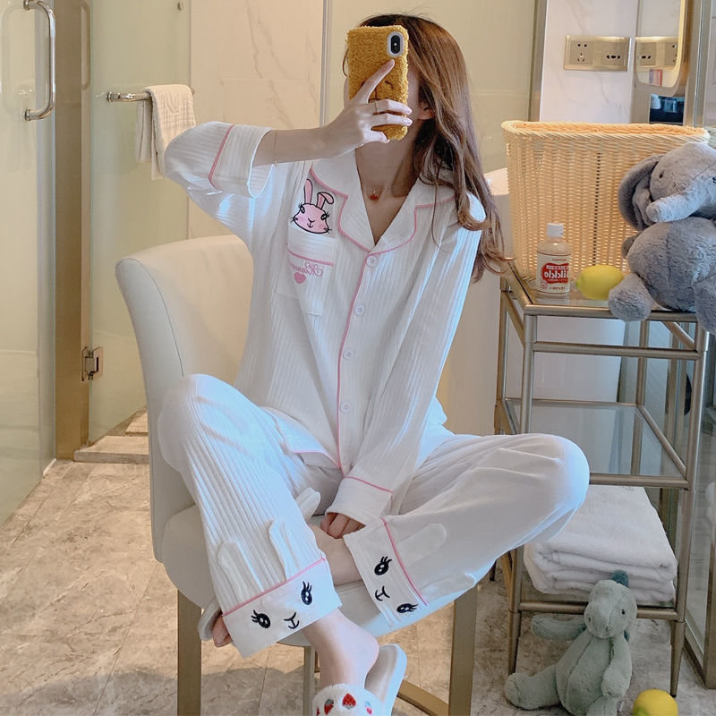 m码数[建议80-100斤] 春秋款睡衣女坑条长袖套装韩版卡通休闲兔子可爱