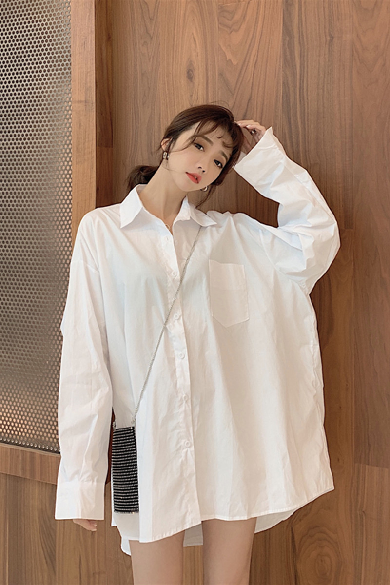 艳如飞春秋新款韩版白衬衣港味男友风bf长袖宽松下衣失踪中长款衬衫女