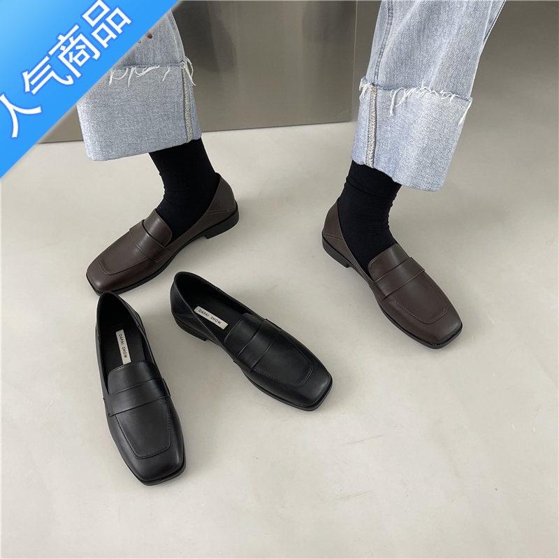 SUNTEK英伦方头百搭软皮平底小皮鞋女春秋2023新款一脚蹬乐福鞋加绒瓢鞋高清大图