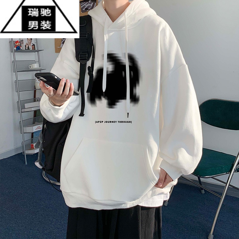 希杰狮王卡通印花连帽卫衣男春秋季像素小猫休闲上衣美式宽松百搭潮流外套