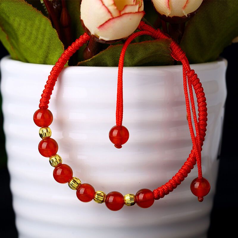 足金路路通黄金转运珠男女情侣款红玛瑙编织红绳金手链黄金首饰送女