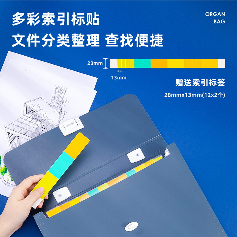 得力72593风琴包 浅蓝色13格A4多层文件夹 乐素系列学生试卷收纳 文件保护