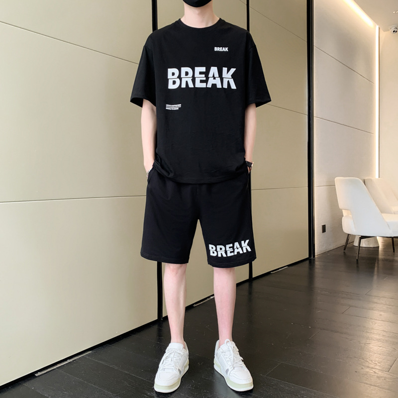 啄木鸟冰丝套装男士夏季薄款运动短袖t恤一套搭配五分休闲短裤男 0852黑色 M90-115斤可穿