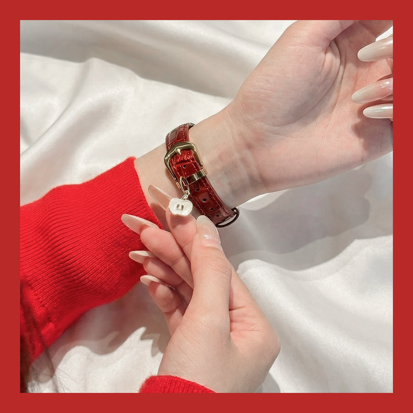 适用于小米watch5手表表带女S4 41mm酒红车厘子显白亮面竹节纹3139B高清大图