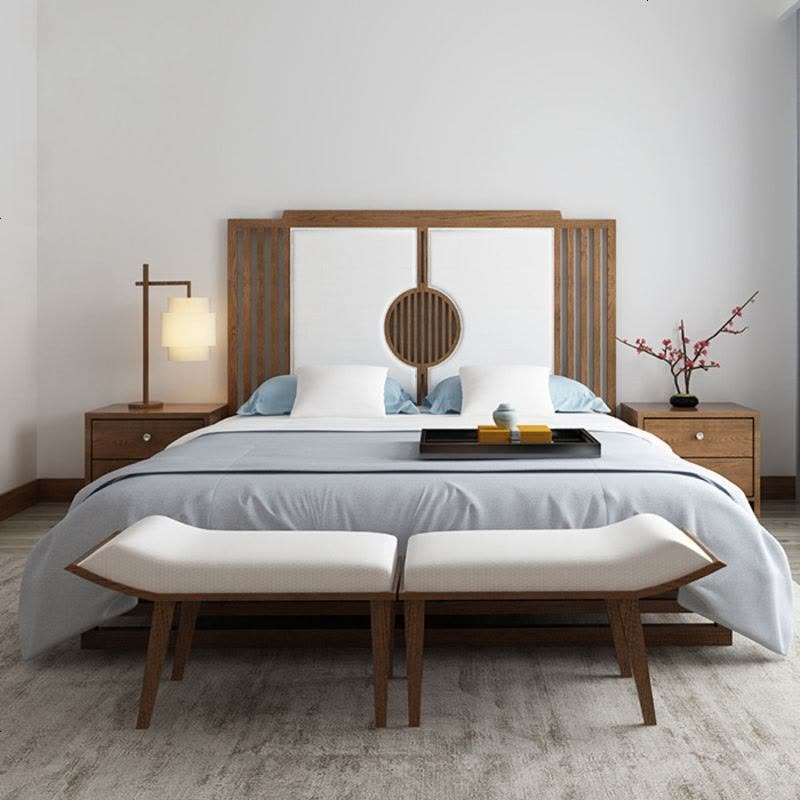 新中式实木床卧室定制布艺婚床现代简约样板房酒店双人床家具图片