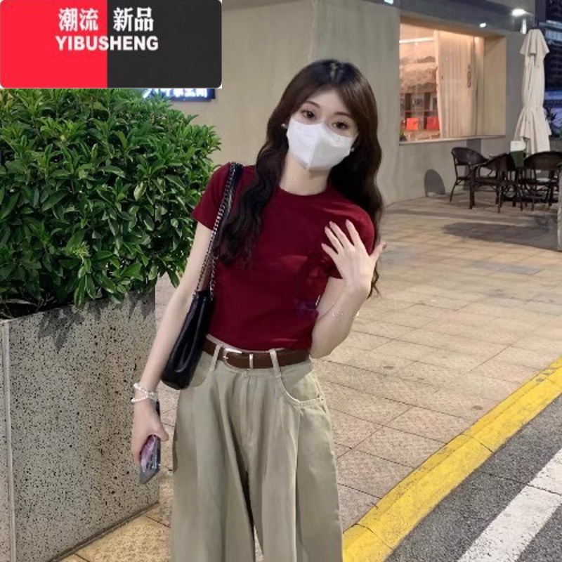 YIBUSHENG酒红色辣妹正肩t恤女修身短上衣季美式百搭ins卡腰短袖打底小衫