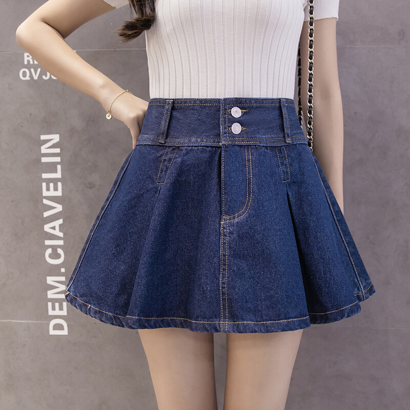 夏季新款韩版大码防走光牛仔短裙裤裙女显瘦a字百褶裙半身裙伞裙蓝色