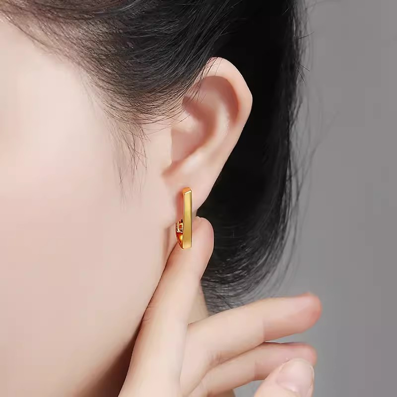 新金珠宝3d硬金耳钉耳环时尚大气l型足金999黄金耳饰耳钩1042