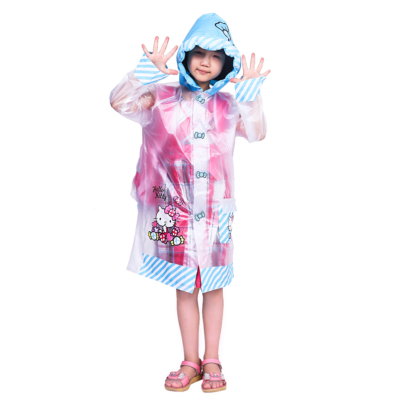 凯蒂猫HelloKitt糖糖果儿童雨衣雨披女童带书包位加厚卡通小学生幼儿园充气连体PVC材质防水面料雨具蓝色单个装