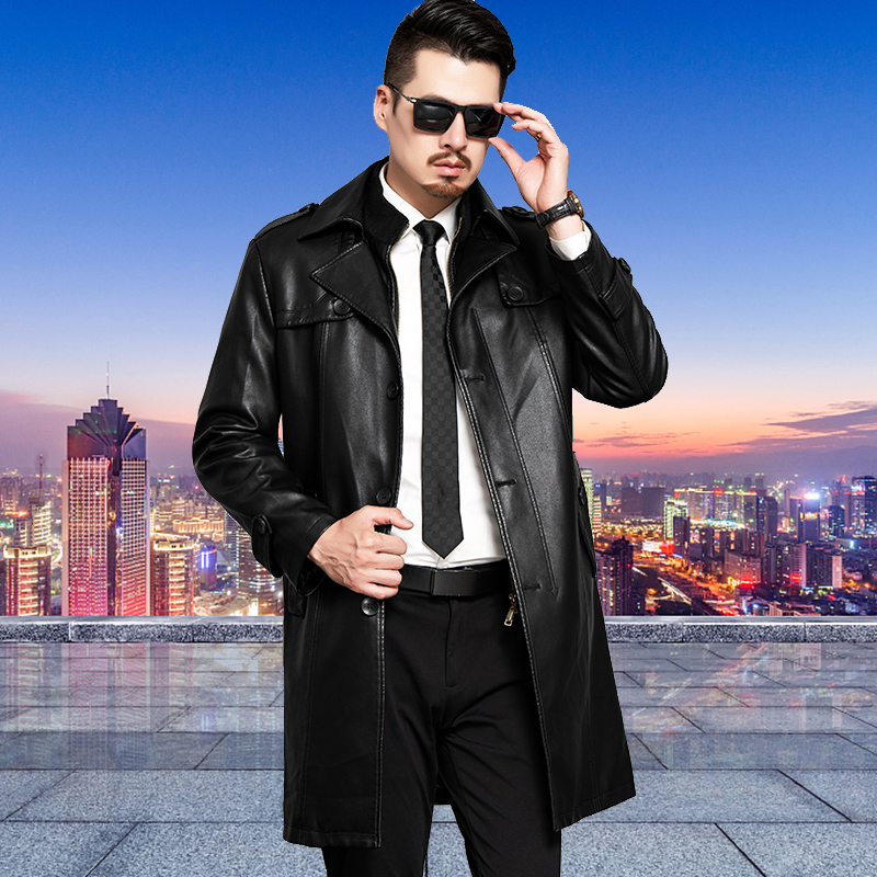 春秋季海宁真皮皮衣男士中长款风衣西装领中青年潮流真皮外套2023新款海宁真皮中长款真皮皮衣男士真皮风衣翻领男士春装高清大图