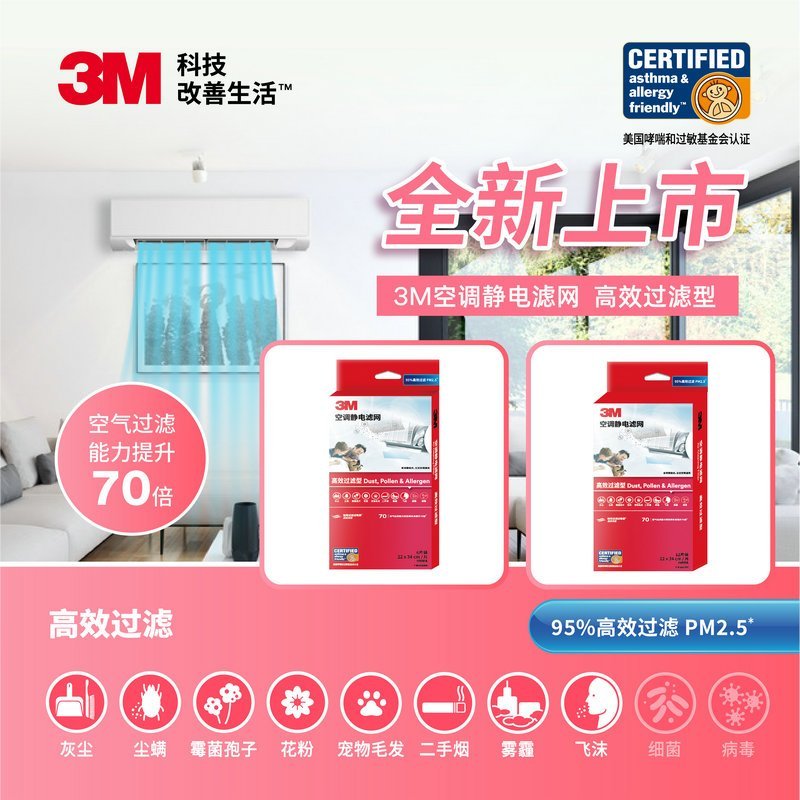 3M 空调过滤网防尘网升级版去除PM2.5吸附灰尘空调配件安装方便高效型2片装(22*34cm)*2包