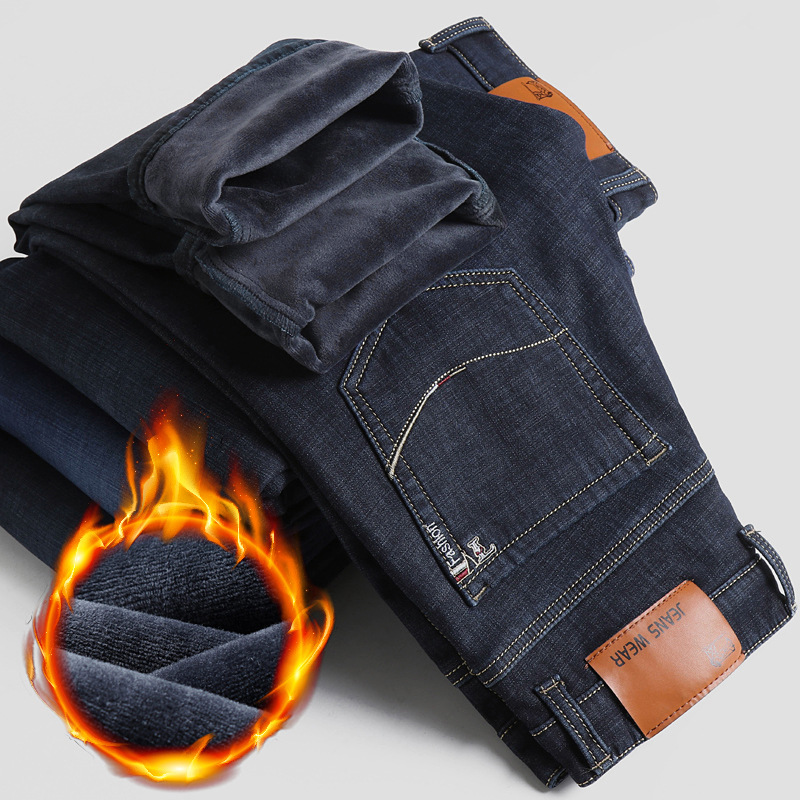 北方青年裤子高端加绒牛仔裤男春秋弹力柔软常规男款牛仔裤_211 LY-3098加绒黑 34（2尺7）160斤