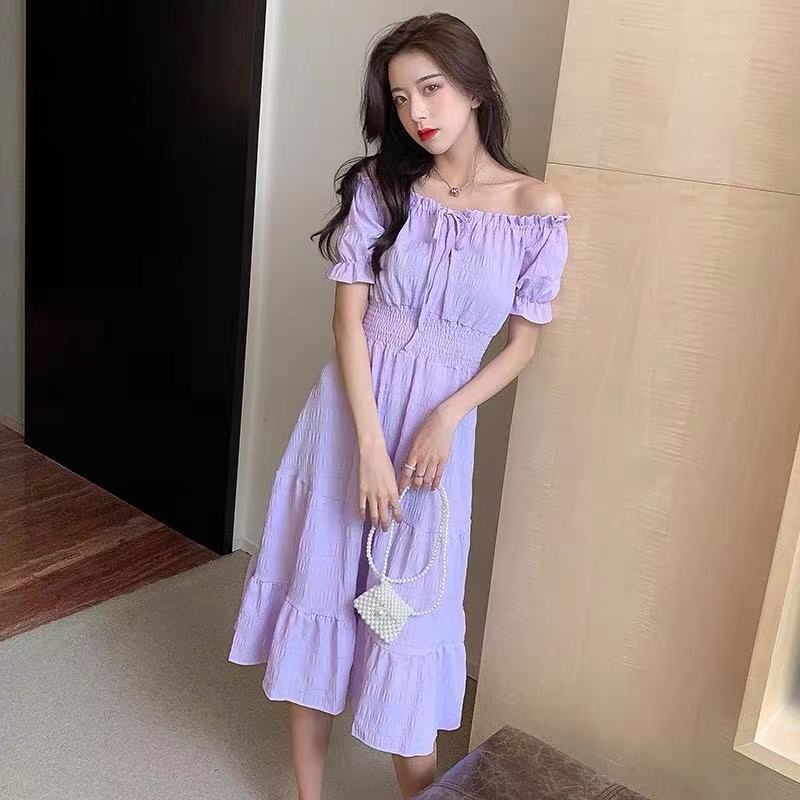 夏季一字肩中长款连衣裙女2021新款韩版法式收腰气质显瘦仙女裙子 橘黄色 M 约穿80-110斤左右