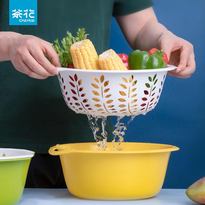 茶花(CHAHUA) 厨房塑料洗菜蓝 丰穗滴水筛绿色1156尺寸:Ø28.5*11.5cm高清大图