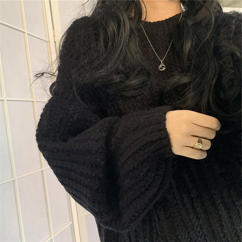 唐狮秋冬女圆领净色宽松套头毛衣简约百搭休闲慵懒风时髦潮流