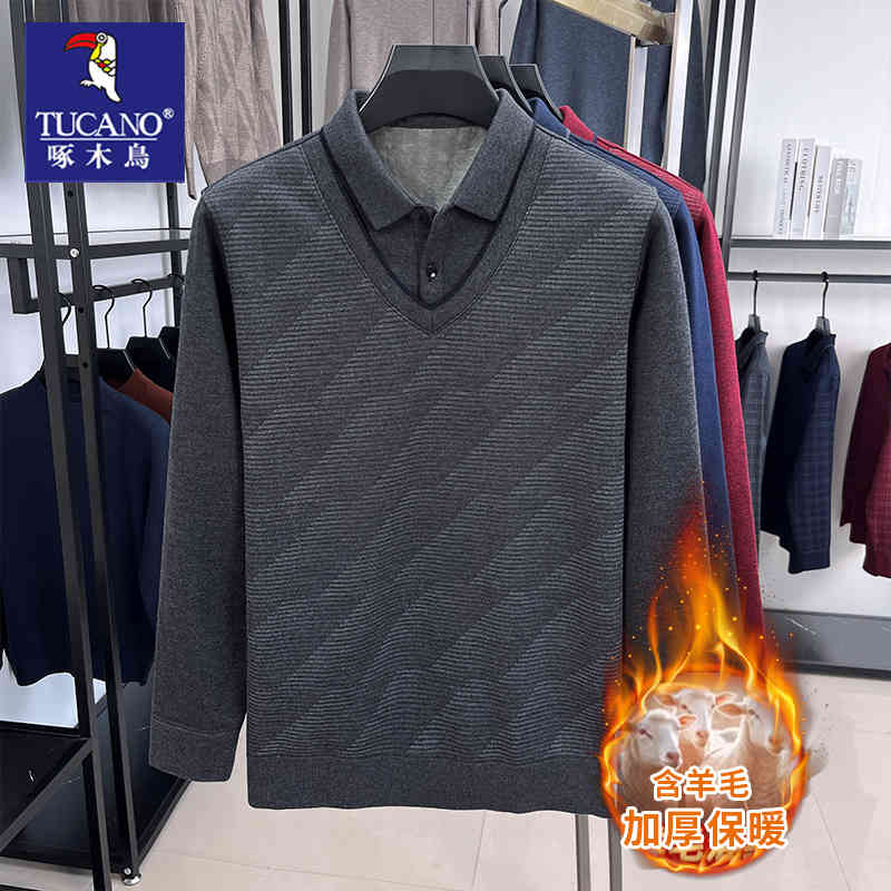 啄木鸟爸爸冬装假两件毛衣男士冬季加绒加厚中老年针织保暖羊毛保高清大图