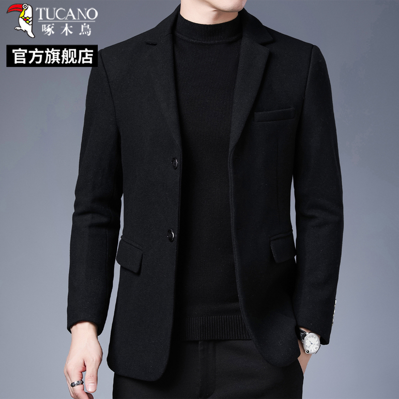 啄木鸟2025秋冬季小西装外套爸爸羊毛呢子加厚中年男士西服加厚C 黑色 170适合100-120斤