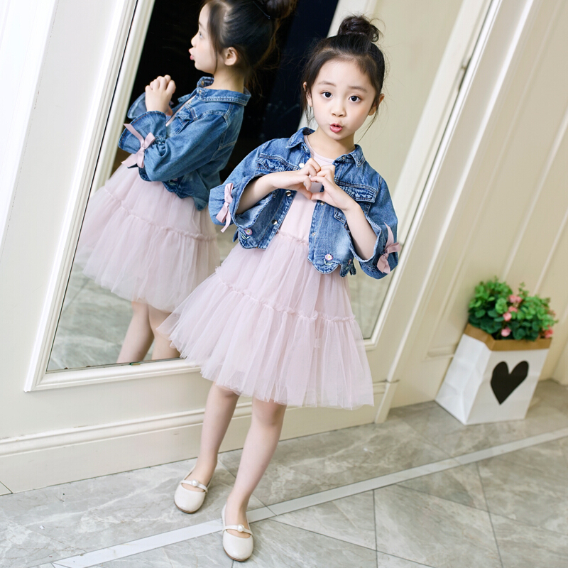 套秋冬小女孩牛仔外套儿童裙子中大童拼接网纱时尚公主裙套装冬季新品