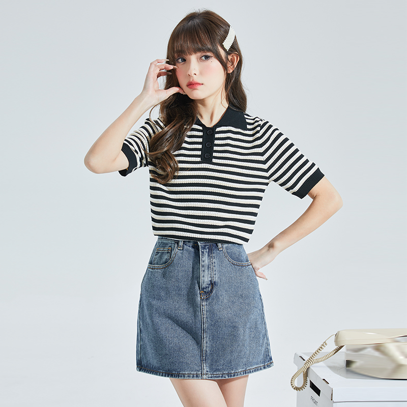 唐狮2023夏季款短袖Polo女针织条纹宽松半袖学生小众好看上衣潮DY_2074 S 黑色