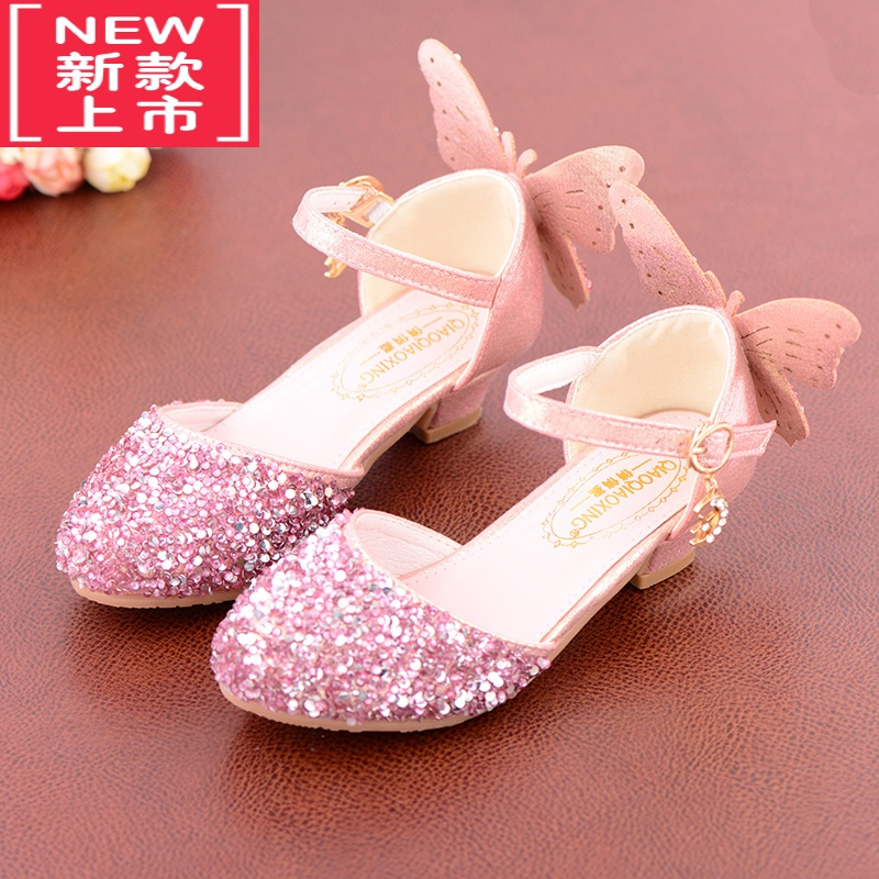 可莉允洋气儿童公主鞋水晶鞋女童高跟鞋软底小学生礼服舞蹈皮鞋银色带钻运动休闲鞋
