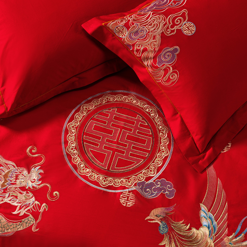 水星家纺全棉婚庆四/六件套60S长绒棉纯棉结婚被套床单大红色喜庆套件床品