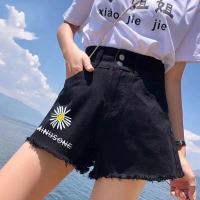 高腰牛仔短裤女2021夏季新款宽松韩版显瘦百搭a字破洞阔腿ins热裤 双扣黑色 XS 建议70-80斤