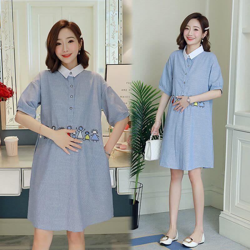 迪鲁奥(DILUAO)孕妇连衣裙夏天新款时尚短袖衬衫裙中长款外出休闲孕妇裙A字裙夏 蓝色图片