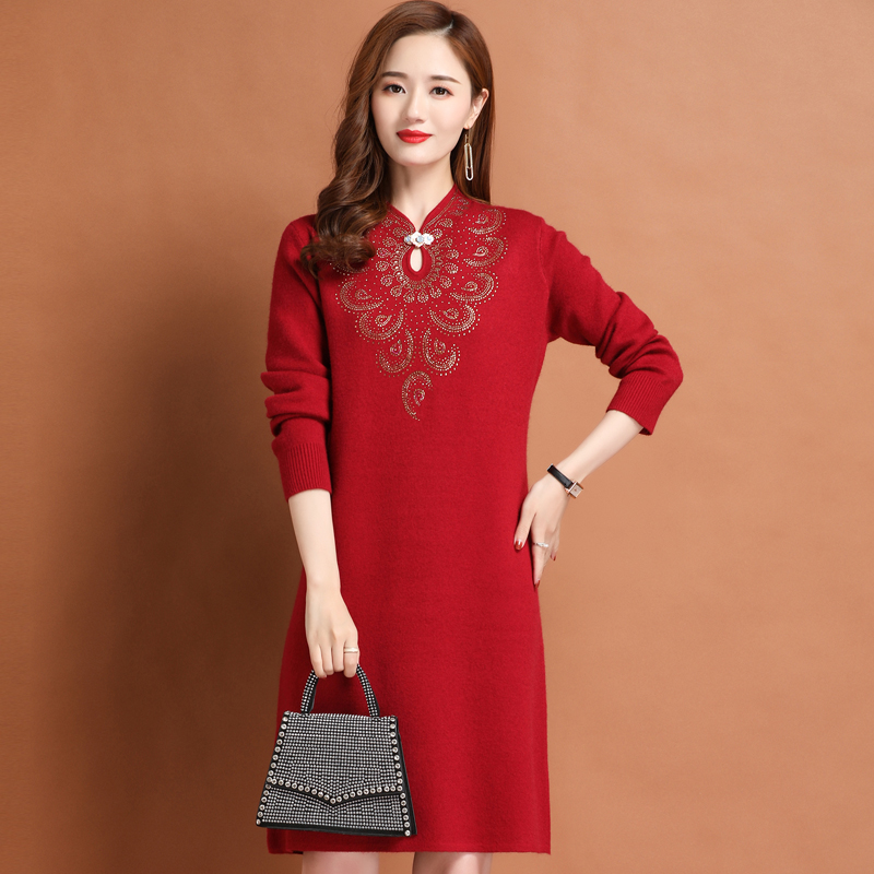 加厚新中式国风改良旗袍包臀长裙子女春秋大码收腰针织打底羊绒连衣裙红色旗袍裙气质长款复古高级感敬酒服连衣裙高清大图