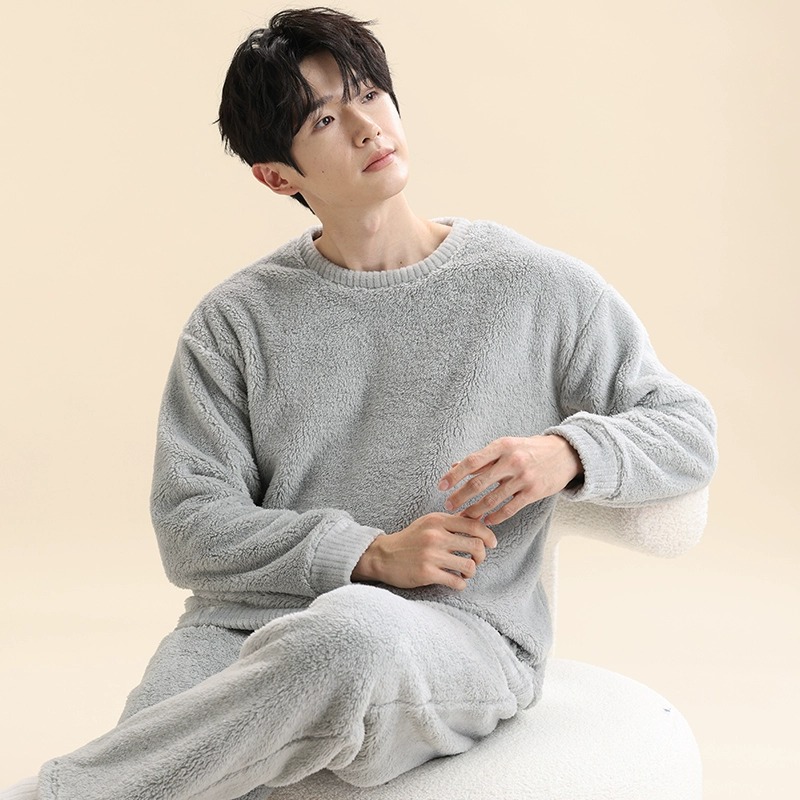 花花公子男睡衣冬季加绒加厚保暖珊瑚绒秋冬新款法兰绒家居服套花 180(XXL) 升级超软舒棉绒套头浅灰