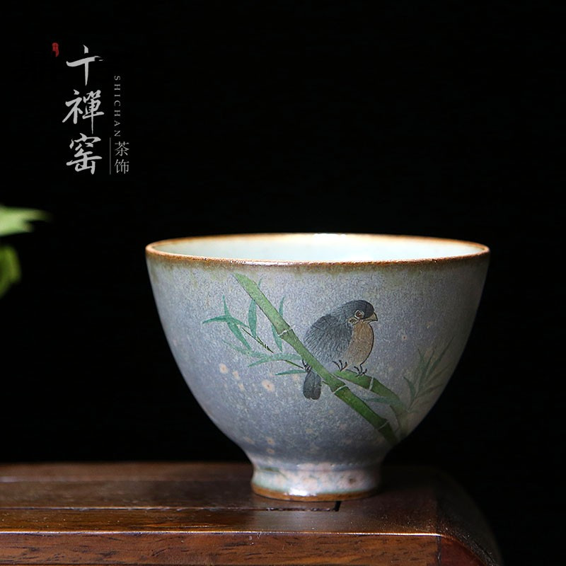 鼎亨十禅窑 景德镇手绘竹鸟主人杯 粗陶汝窑开片单杯品茗杯 功夫