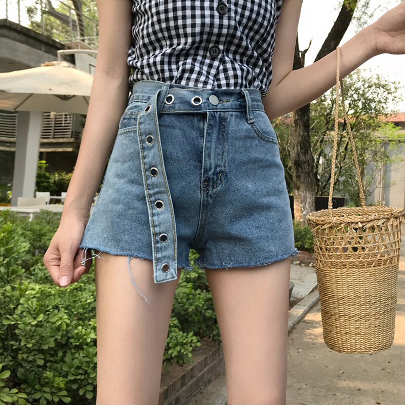 韩版夏装2018新款显瘦百搭休闲chic腰带牛仔裤高腰短裤热裤女学生蓝色