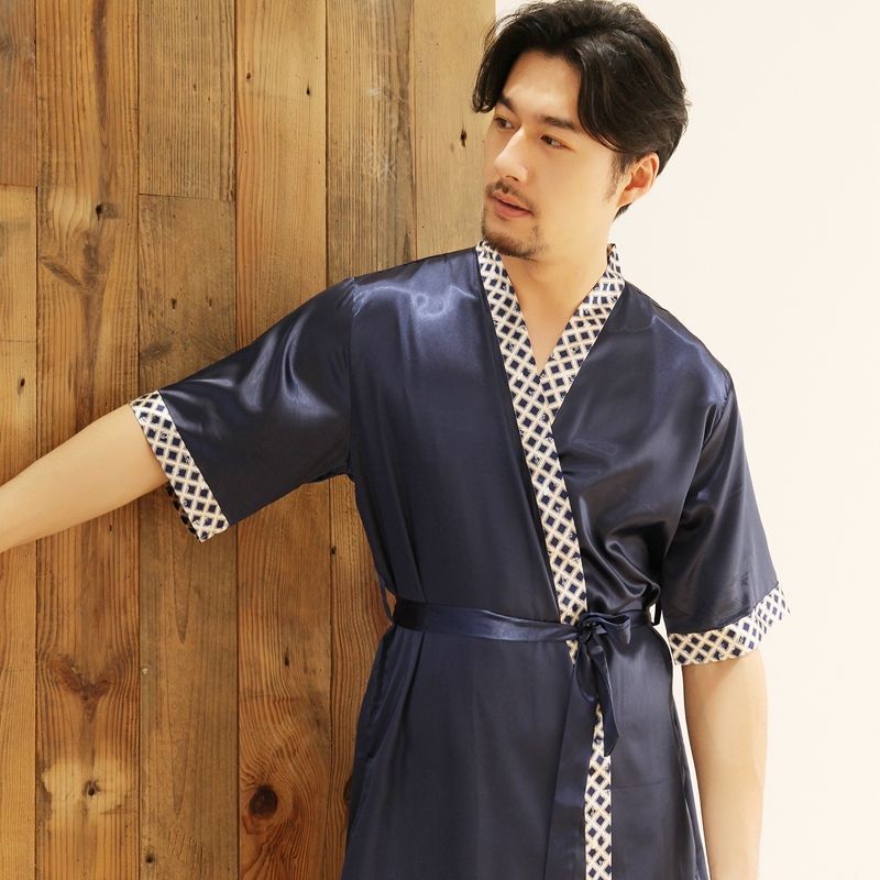 男士夏季睡袍短袖仿真丝睡衣男浴袍仿蚕丝短袖性感家居服