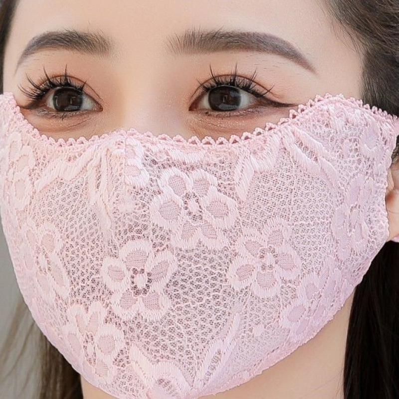 蕾丝花边口罩女夏加大护眼角防尘遮阳面罩透气时尚立体口罩显脸小-【粉色-1个】;清纯蕾丝口罩