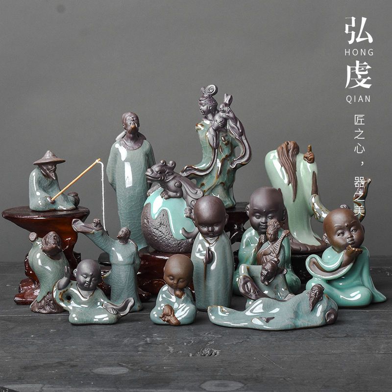 哥窑禅意小茶宠精品可养开片紫砂人物创意可爱摆件貔貅蟾茶道配件|A沉思