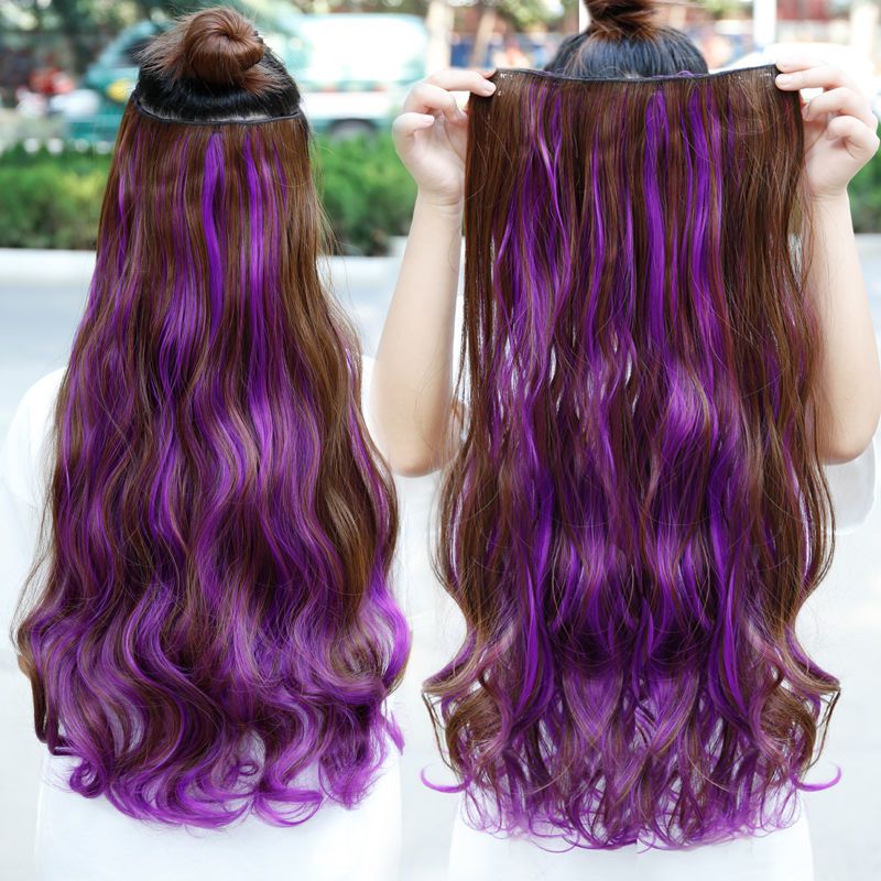 浅棕色紫色彩色假发片一片式无痕挑染渐变女长卷发挂耳染发片长发烫