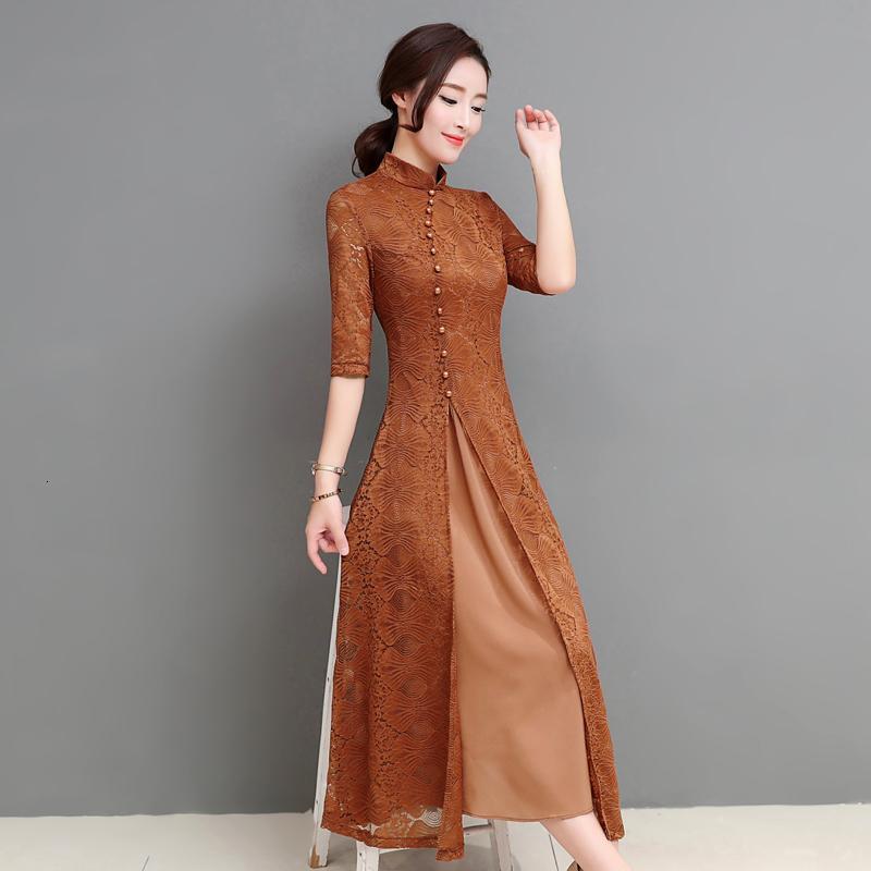女士年春新品女装复古立领改良旗袍礼服气质开叉A字裙蕾丝连衣裙