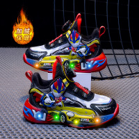 男童运动鞋秋冬新款皮面儿童鞋子加棉保暖带灯宝宝男孩发光鞋_683 31码（内长约19.4cm） 红色