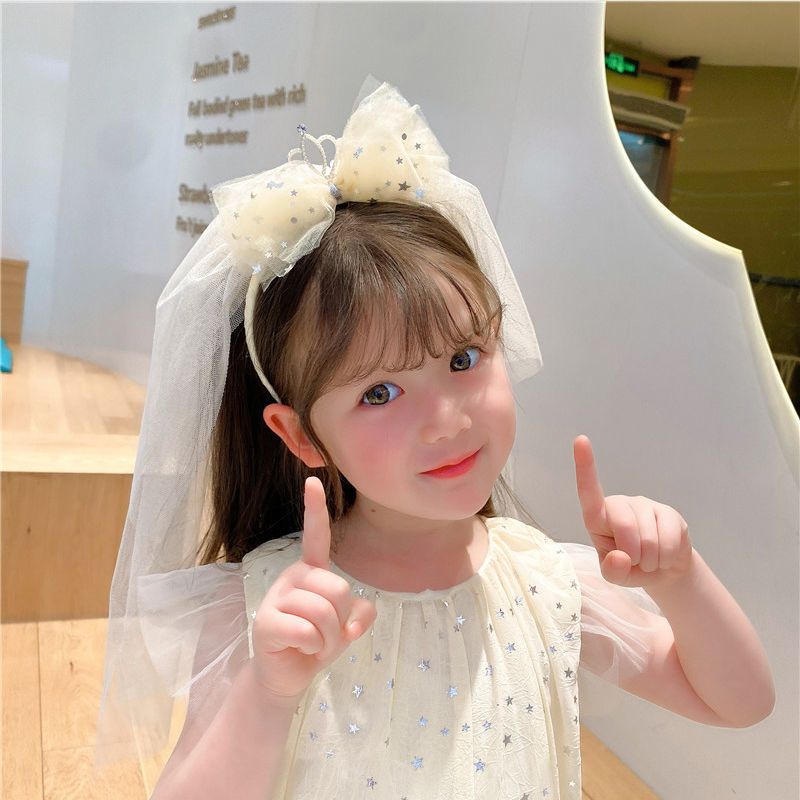 白色珍珠纱带钻皇冠 儿童可爱头纱小女孩皇冠头饰发箍女童头箍长款公主宝宝发卡发饰女