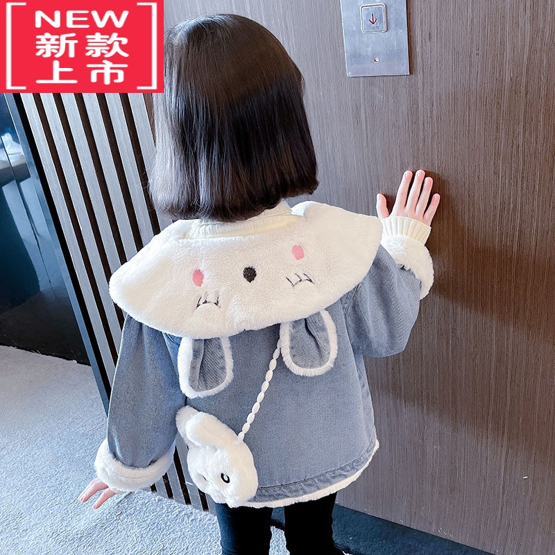 可莉允女童加绒牛仔外套秋冬款2022新款儿童冬季棉服女宝宝冬装加厚上衣