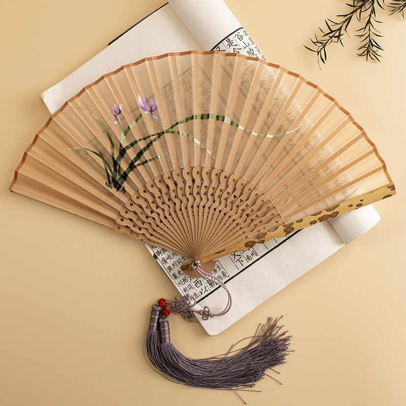 米魁刺绣折扇女式古风汉服旗袍湘妃竹便携折叠苏绣中国风扇子_君兰花