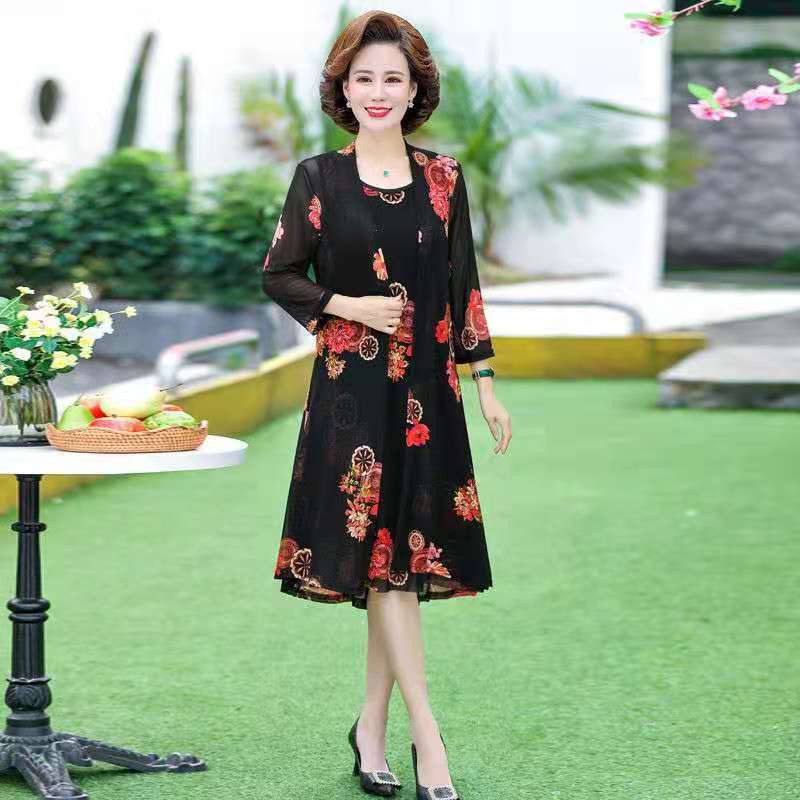 妈妈装连衣裙两件套大码中老年女装夏季阔太太气质减龄单裙子