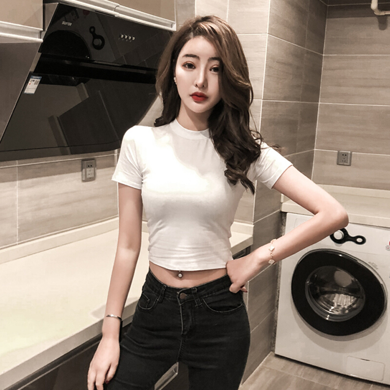 珂卡慕kekamu2020爵士舞漏肚脐衣服性感短款紧身白色t恤女短袖高腰露