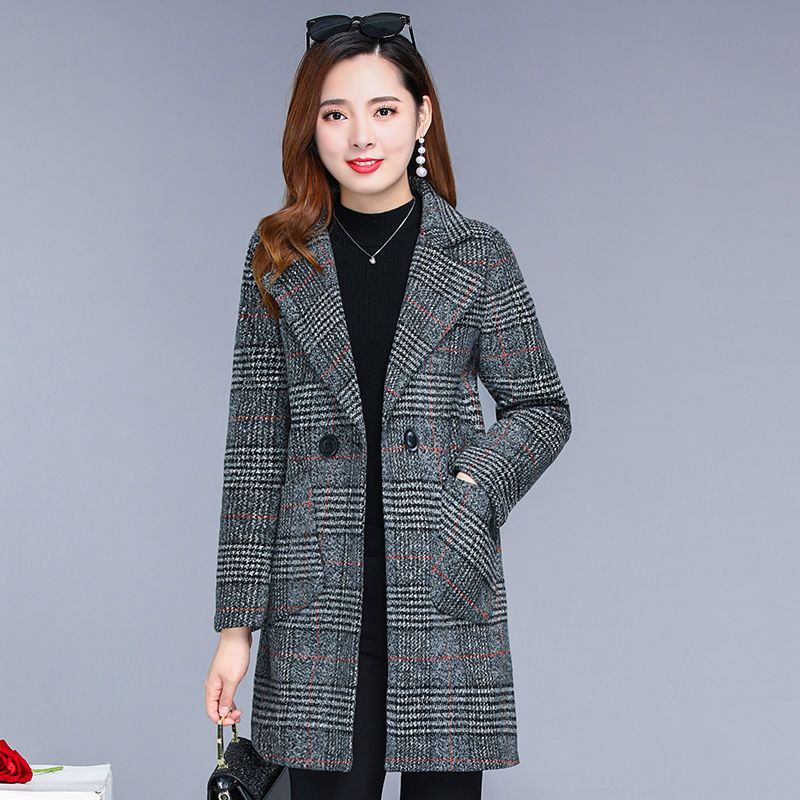 秋冬季中长款呢子大衣女士风衣女装毛呢外套大衣格子外套中长款
