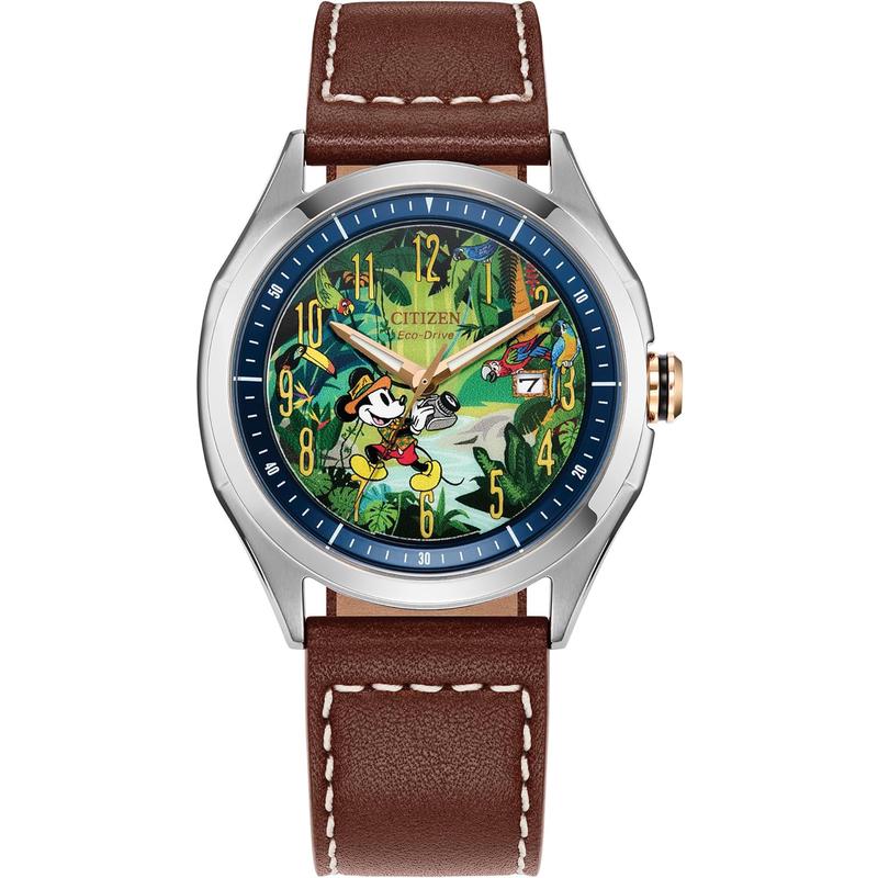 迪士尼米奇探险家光动能不锈钢腕表环保时尚男表绿面白盘