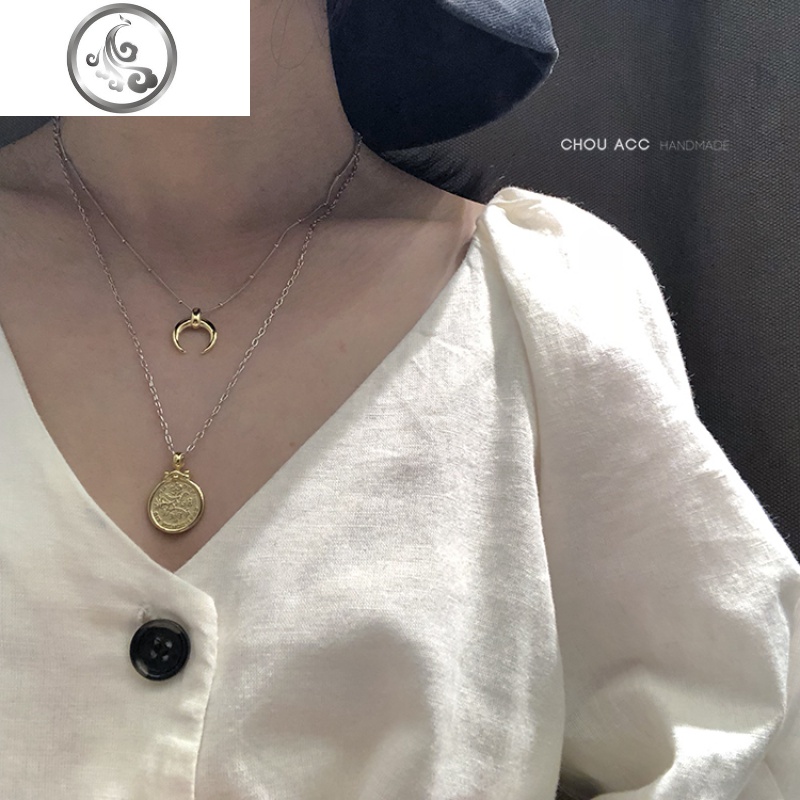通体S925纯银INS简约复古浮人像金币硬币CHIC锁骨项链毛衣链女 JiMi高清大图