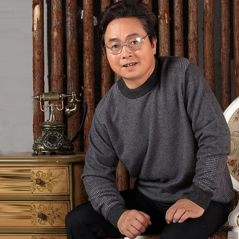 2018秋冬新款圆领毛衣常规款羊绒衫男中老年套头针织衫格子打底