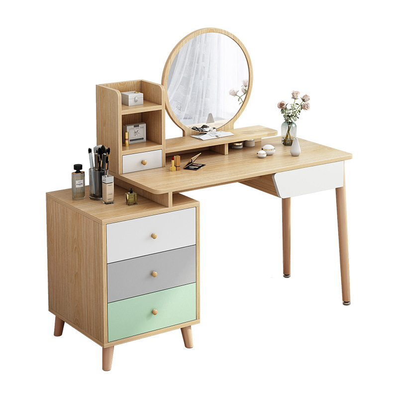 楠杺 北欧梳妆台卧室现代简约小户型网红ins风多功能实木腿化妆桌带凳