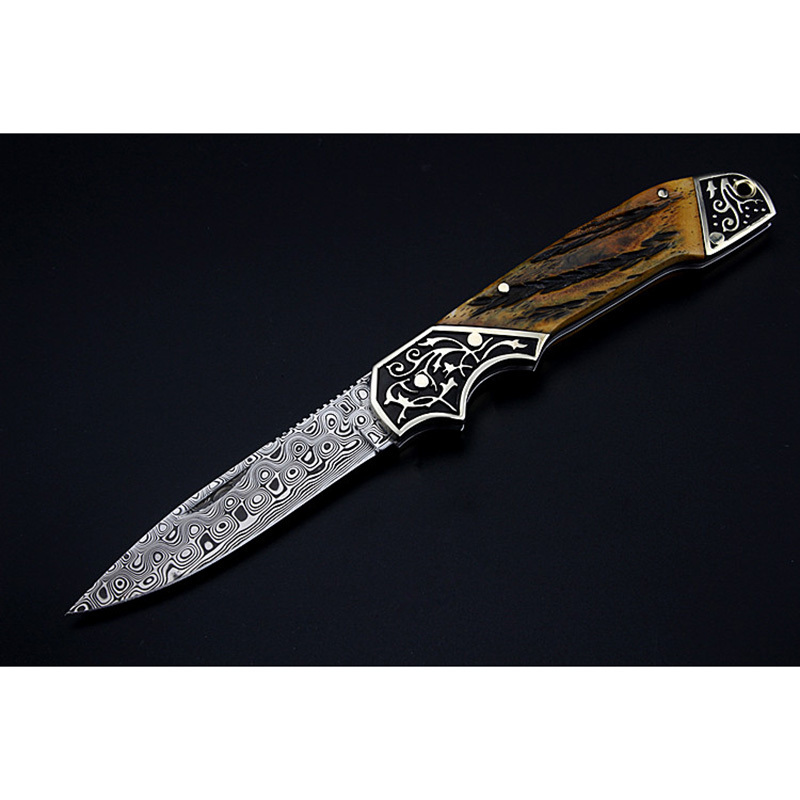 大马士革瑞粉钢折刀雕花黄铜折叠刀牛骨刀户外随身折刀瑞士粉末